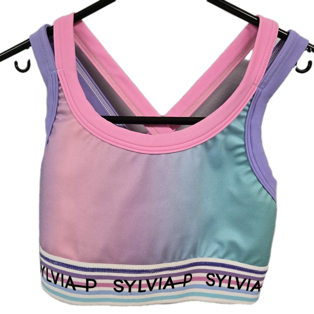 SYLVIA P Crop Top Sports Bra Dance Gymnastics Pink Purple Ombre Strappy Size 12 - Picture 3 of 5